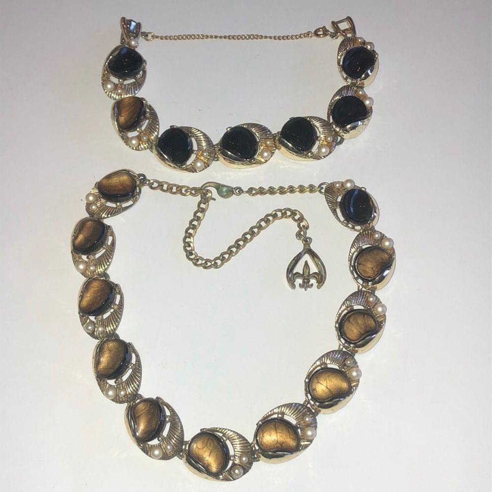 Rousseau Vintage Thermoset Black & Brown Chunky Retro Necklace & Bracelet Set